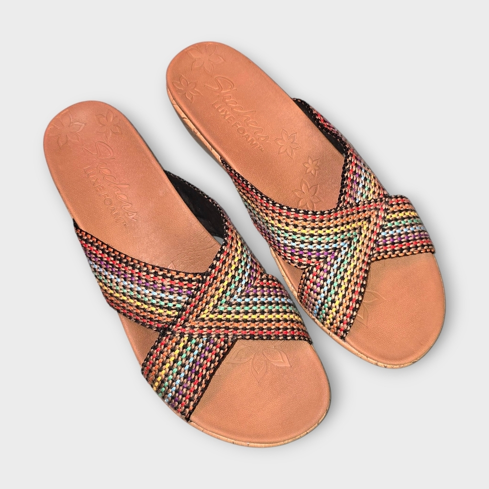 Skechers Beverlee Rainbow Pride Canvas Cork‎ Wedge Comfort Sandals Sz 9.5